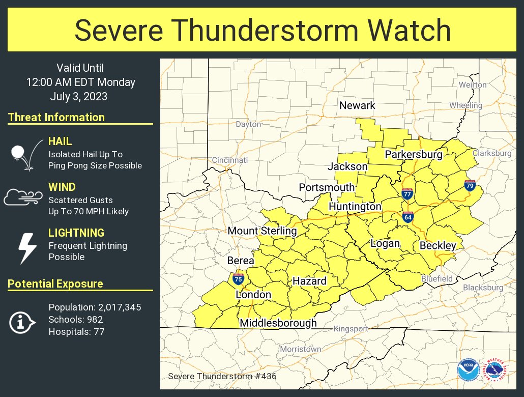 NWSCharlestonWV's tweet photo. A severe thunderstorm watch has been issued for parts of Kentucky, Ohio, Virginia and West Virginia until 12 AM EDT https://t.co/qJroCWk8n7