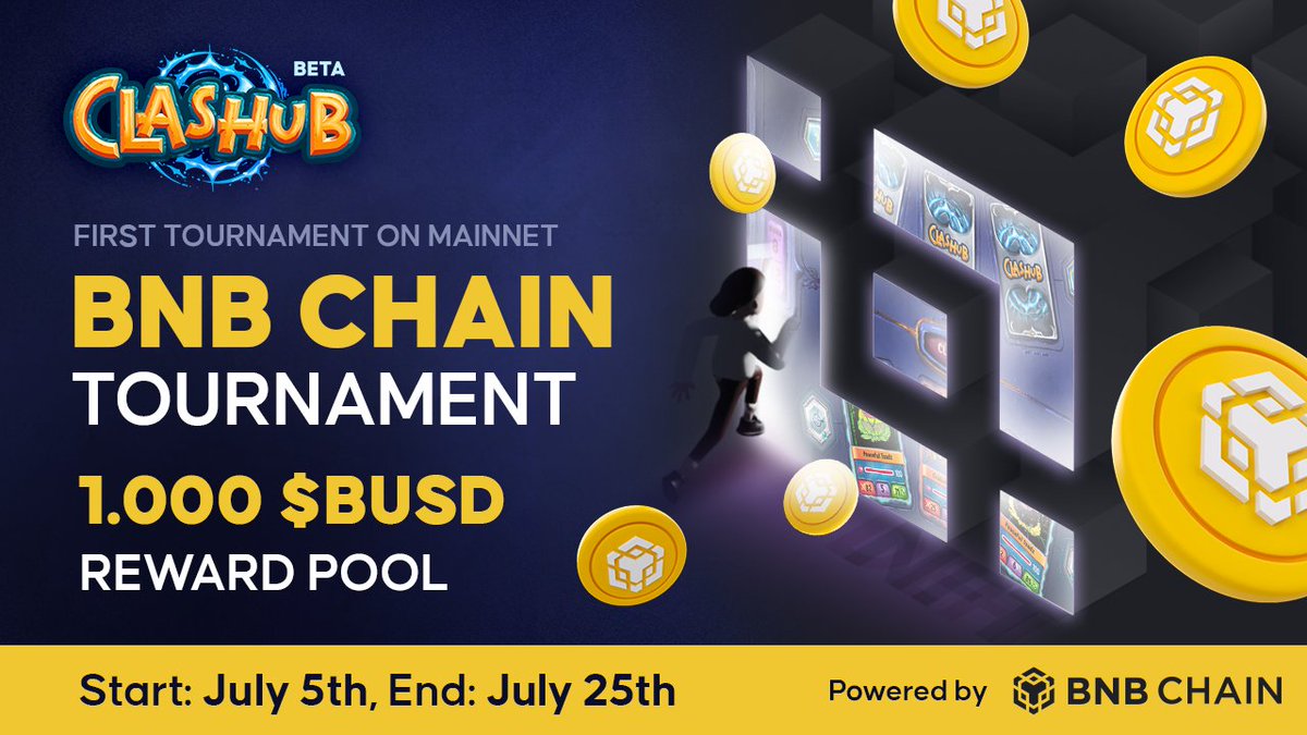Clashub Beta is now live on @BNBCHAIN, and to celebrate this milestone, we're launching an exciting tournament. The tournament will kick off on July 5th and last for 20 days, with a prize pool of a whopping 1,000 $BUSD to be shared among the top 20 players. #NFTGAME #Gamefi