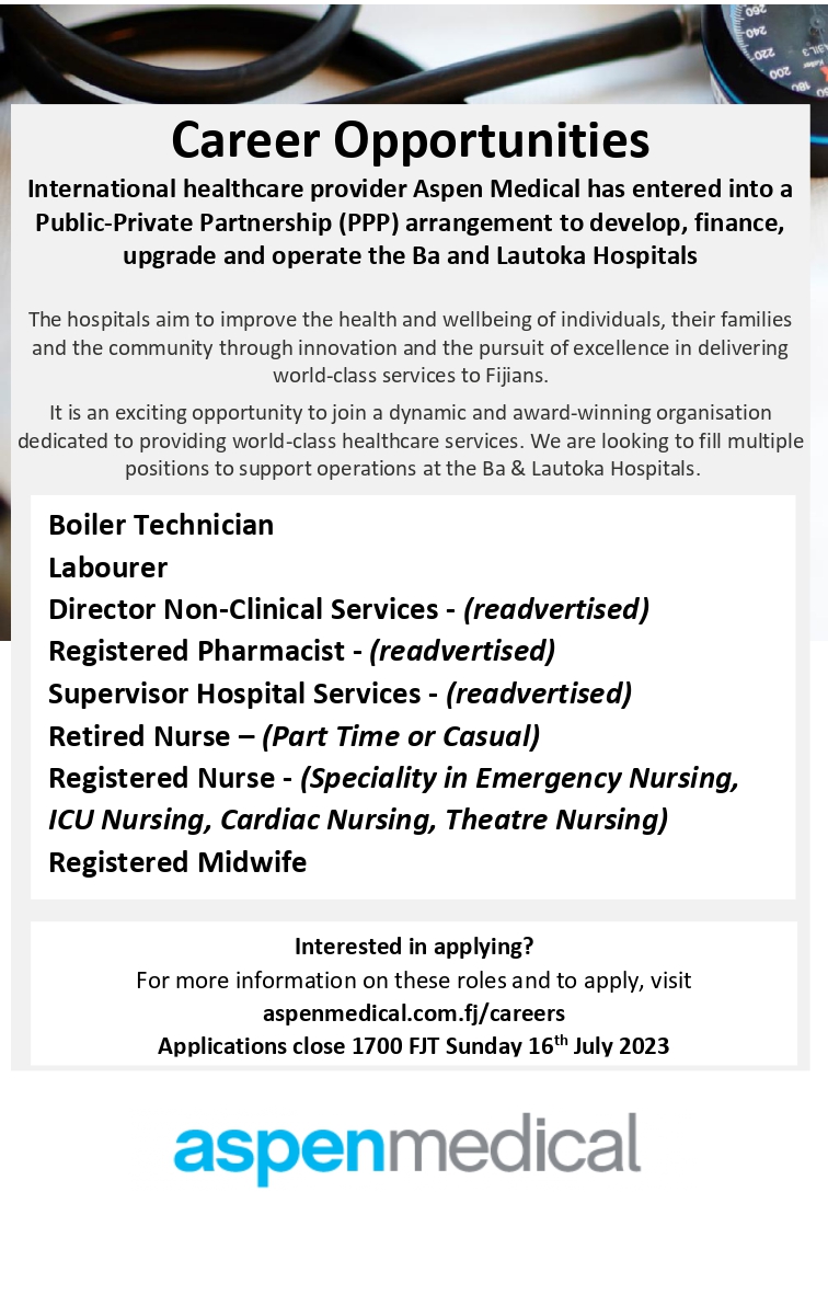 AspenMedicalFJ's tweet photo. Bula!

Here are our latest vacancies. Visit our website to apply.
https://t.co/QOrgHRZiTX

#FijiNews #fijihealthcarenews
#TeamFiji https://t.co/VSwrO8nqeL