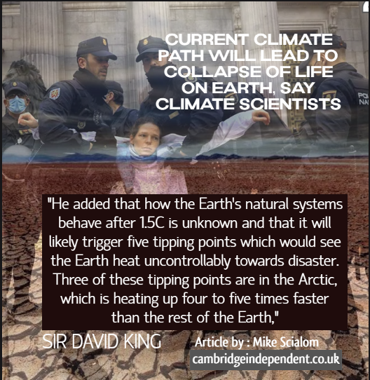 After 1.5
Current climate path will lead to collapse of life on earth.
How the Earth's natural systems behave after 1.5 is unknown - likely to trigger five tipping points which would see the Earth heat uncontrollably towards disaster.
Sir David King

#ClimateEmergency