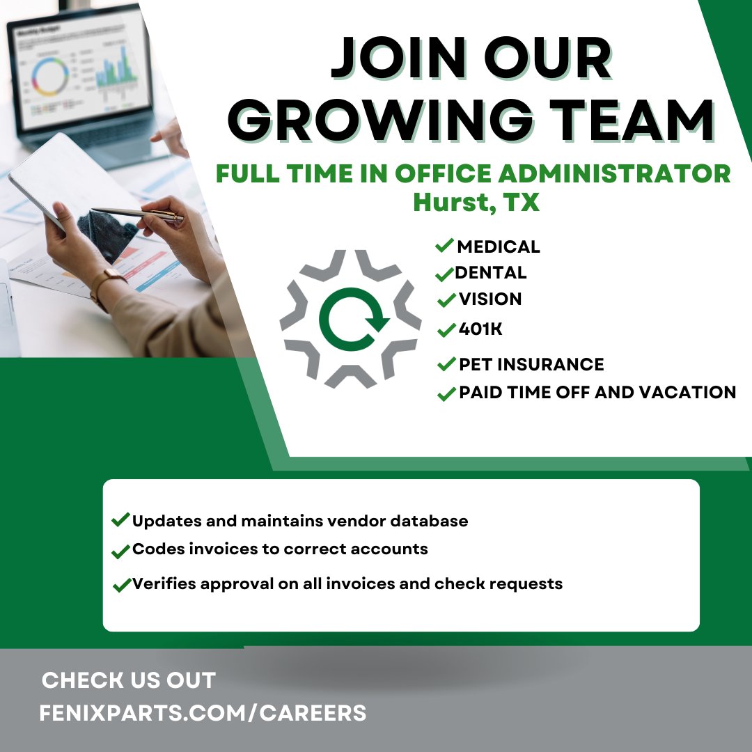Fenix_Parts's tweet image. Join our growing team! 
Fenix Parts --Hurst, TX-- is hiring for an in office administrator. We offer a great benefit package that includes, medical, dental, vision, 401K, PTO/Vacation and pet insurance.
Fenixparts.com/careers

 #growingteam #teamfenix #insurance #administrator