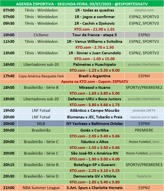 Esportes Na TV 📺 on X: A agenda esportiva deste SÁBADO (11/11/2023) Faça  sua aposta na @KTO_brasil utilizando o cupom ESPNATV no cadastro e garanta  20% de bônus no seu primeiro depósito!