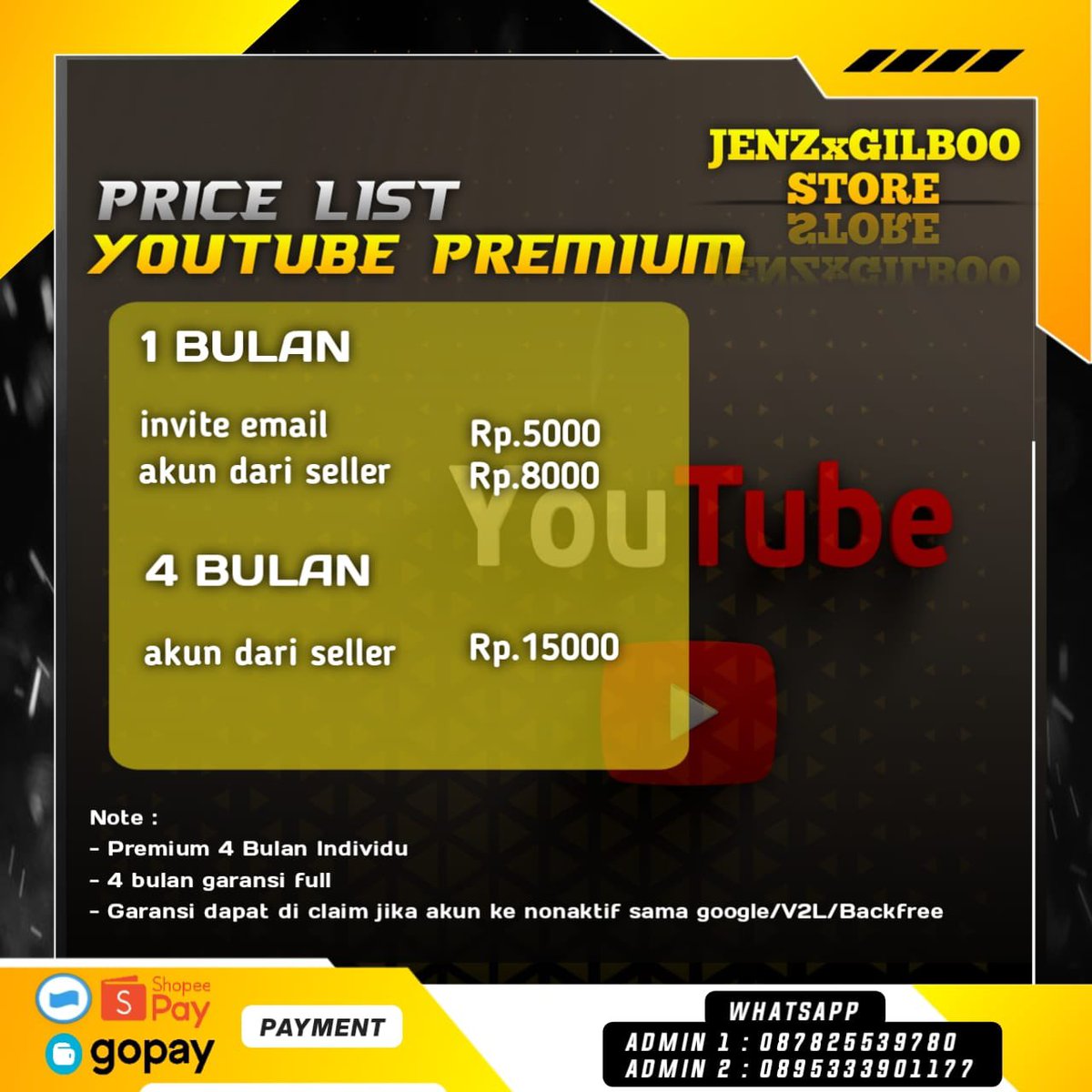 - hi guys ini app premium “youtube premium”  JENZXGILBOO STORE 

❤︎ 100% trusted, boleh di check testimoni dibagian “welcome my profile” 
❤︎ fast respon
❤︎ harga murah
❤︎ bergaransi
 #zonauang #zonajajan #youtubepremium