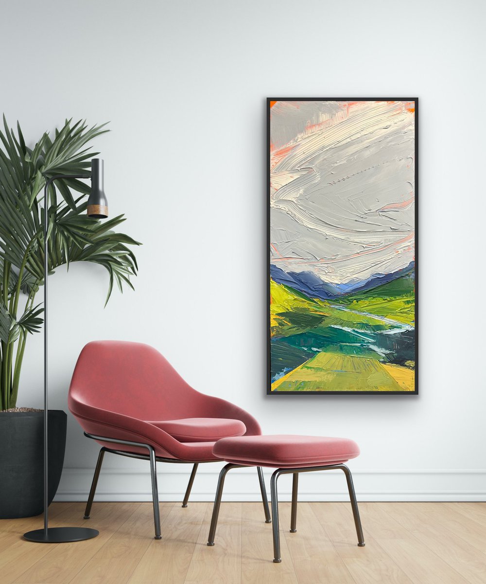 Fresh off the easel is this stunning acrylic on canvas painting 🖼️ this piece is 24” x 48” and is the perfect ode to a corridor in the mountains… 
#yeg #edmontonart #edmontonartist #painting #landscape #yyc #yycart #coloradoart #mountainart #artist #artistsontwitter