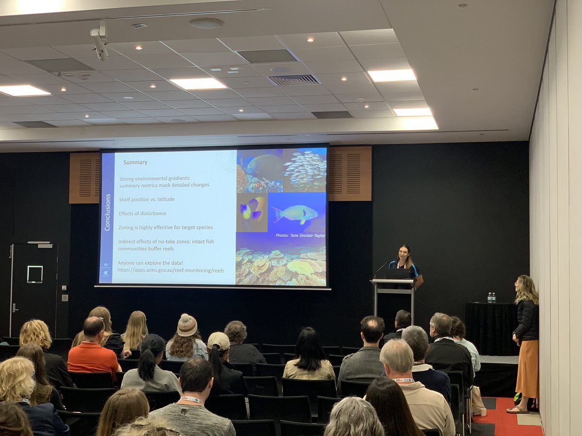 <a href="/DanielaCeccare8/">Daniela Ceccarelli</a> takes us through her ‘horrendogram’ of complex species composition patterns from the AIMS LTMP data in a simple way. Many fish ‘losers’ but some ‘winners’ on the reef with sequential disturbances, and no-take zones enhance fish community and reduce COTS #AMSA2023