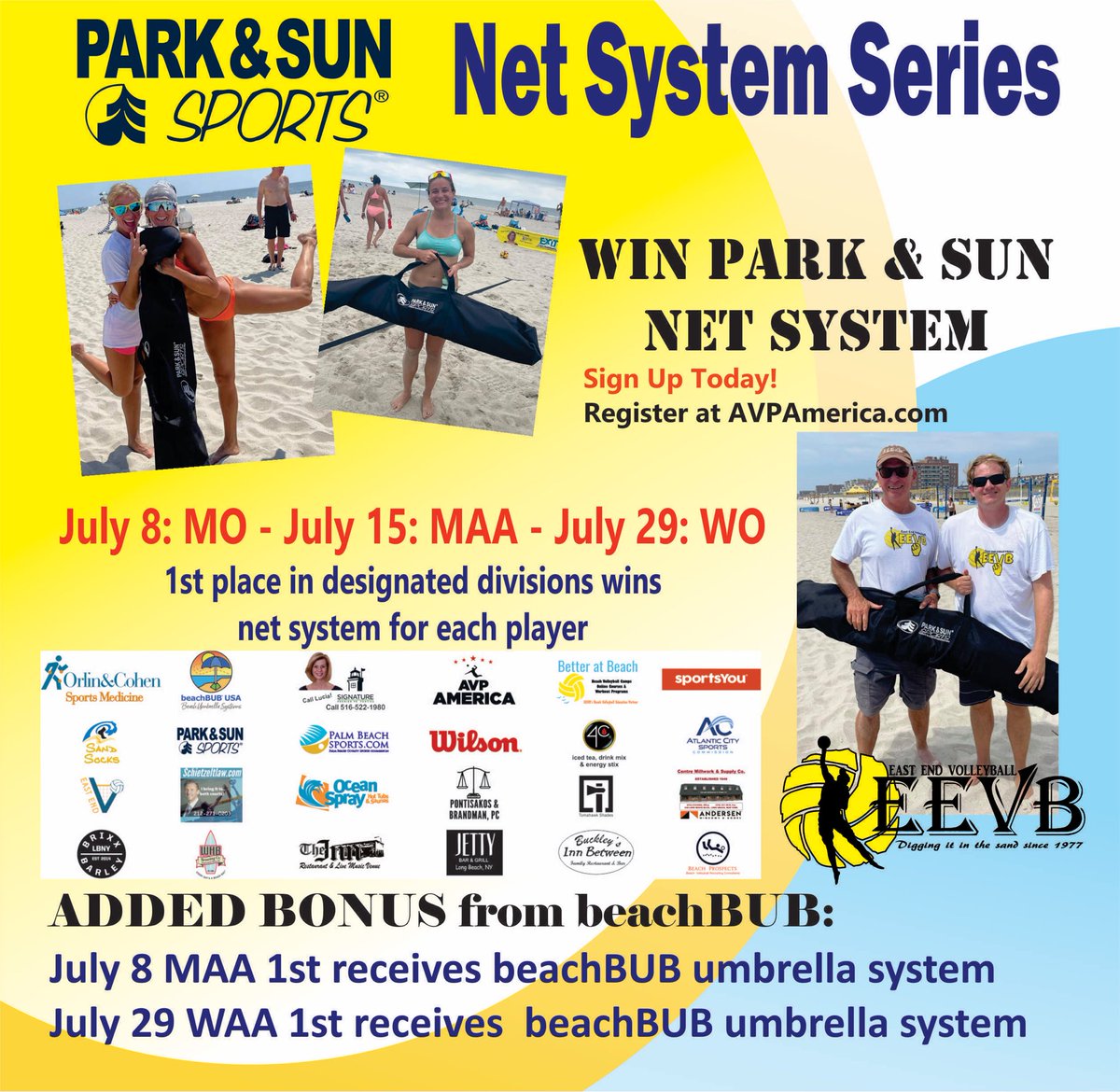 eevb's tweet photo. Moving into busiest part of summer with Park &amp; Sun Net System series. Net systems for 1st place MO &amp; WO divisions +  beachBUB umbrella 1st Place MAA July 8 &amp; WAA July 29.

+ 1ST 20 ADULT 2S (AA,A,B divisions only)TEAMS PAID IN FULL, FOR SAT. JULY 8, RECEIVE OPTX VB AT CHECK IN. https://t.co/osNdxVOTVo