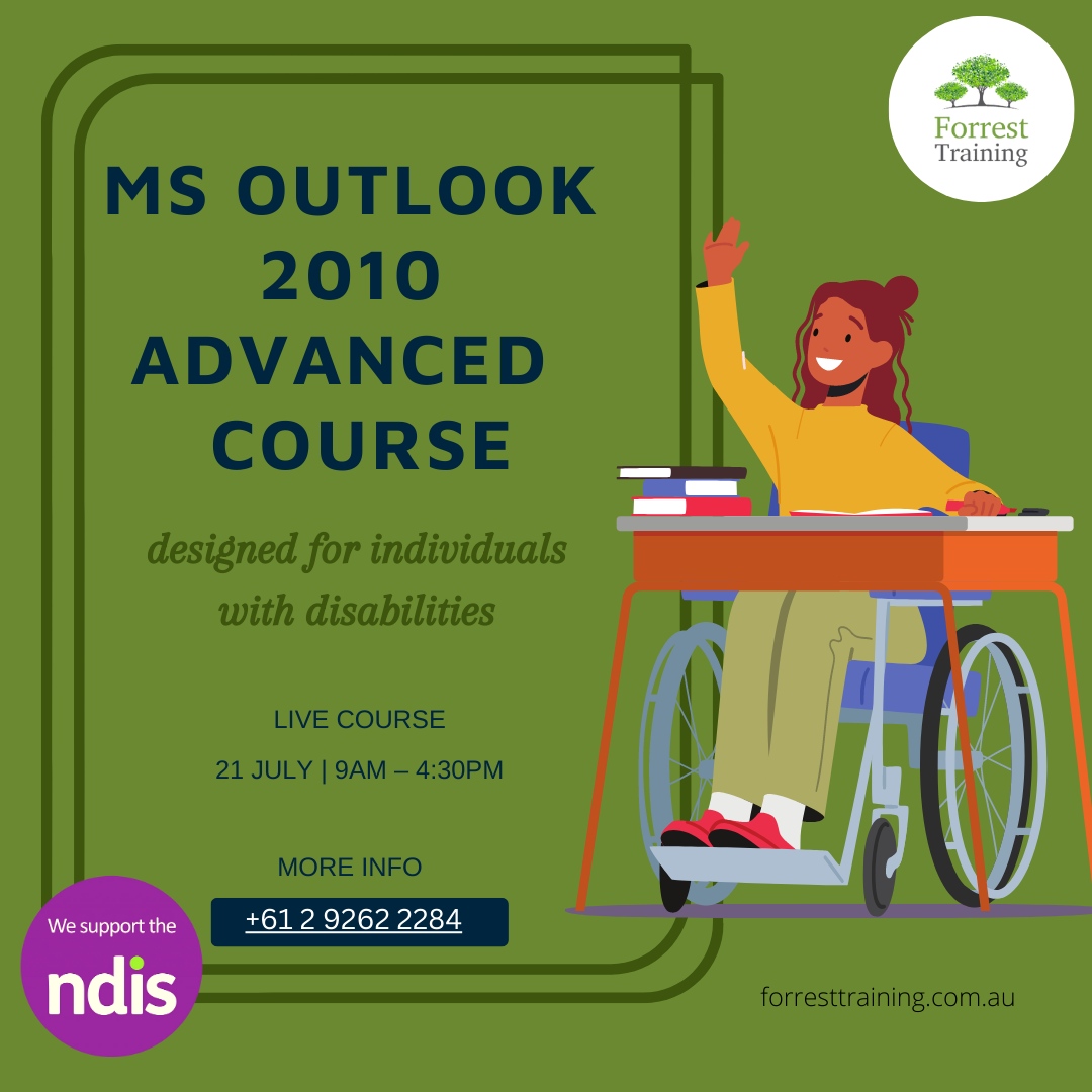 Rogerd681's tweet image. Attention, remarkable individuals with disabilities! 

Join us on July 21st for an empowering MS Outlook 2010 Advanced Course at Forrest Training. 

National Phone: 1300 667 814
Head Office: +61 2 9262 2284

#ForrestTraining #EmpoweringAbilities #OutlookAdvanced2023