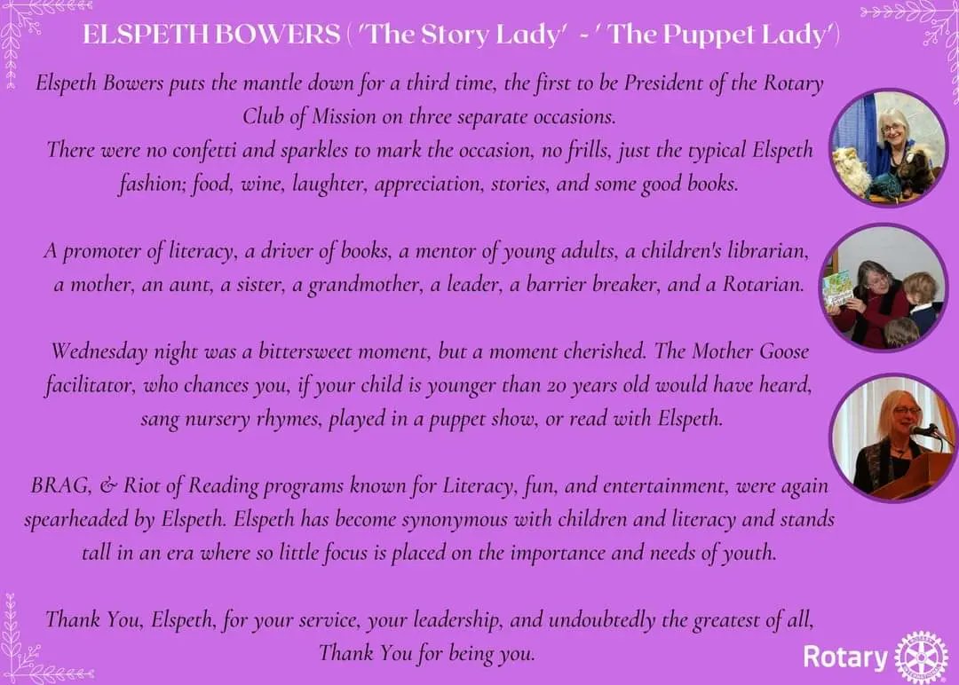 Thank You President Elspeth for your leadership throughout the 2022-23 year. 

#thankyou  #Rotary #missionbc❤️ #serviceaboveself