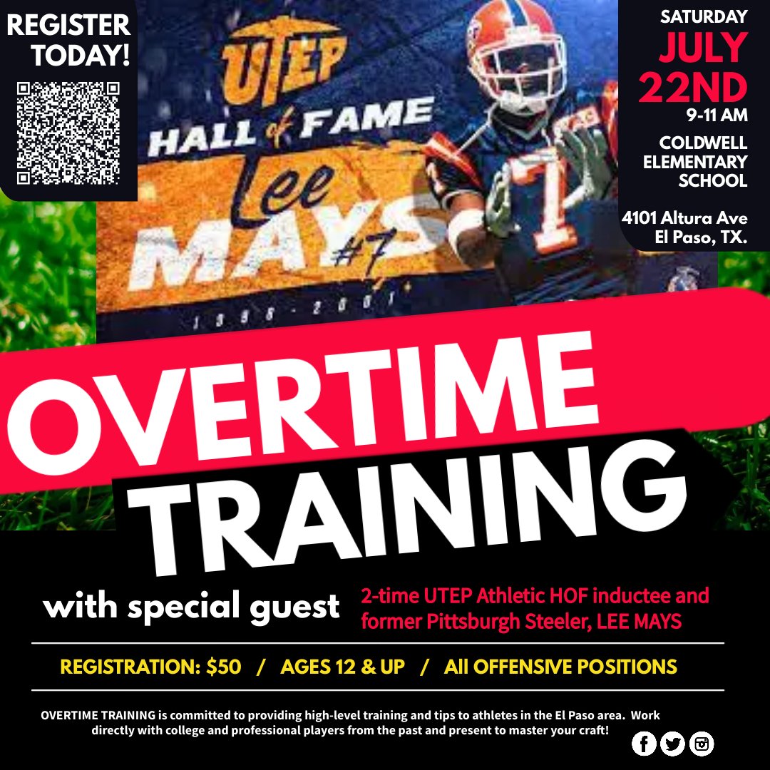 Training_OTT's tweet photo. Great training session in June with current and former UTEP legends. We're back at it this month with more offensive training featuring special guest, former Miner and Pittsburgh Steeler wide receiver, Lee Mays! Register today! https://t.co/XMsYuyw1YR https://t.co/YjqsKcJZOL