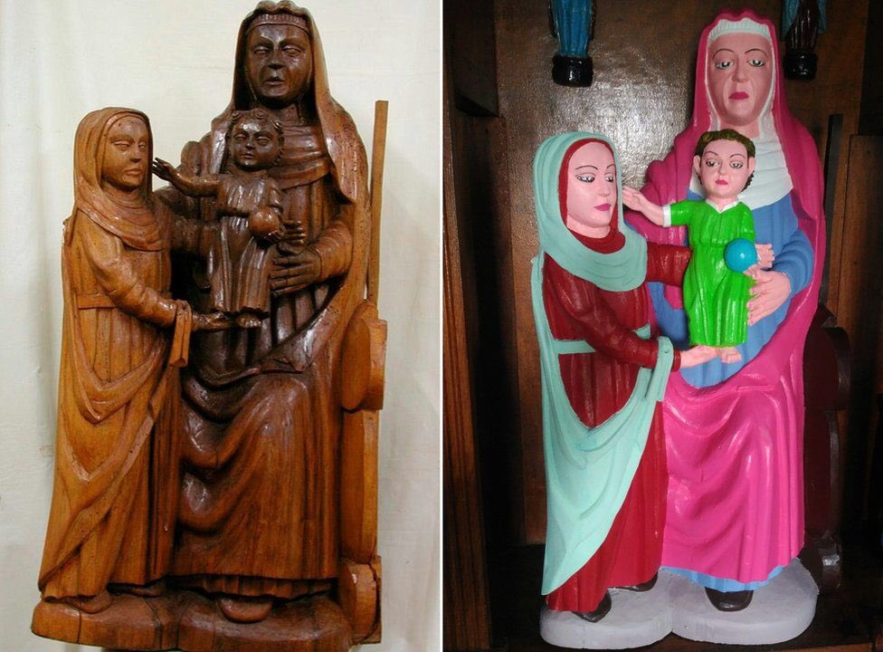 WeirdMedieval's tweet photo. obsessed with the elderly spanish villager lady who repainted these 600 year old statues and even after a public outcry was like "it's definitely an improvement" https://t.co/IWfCGELjQS