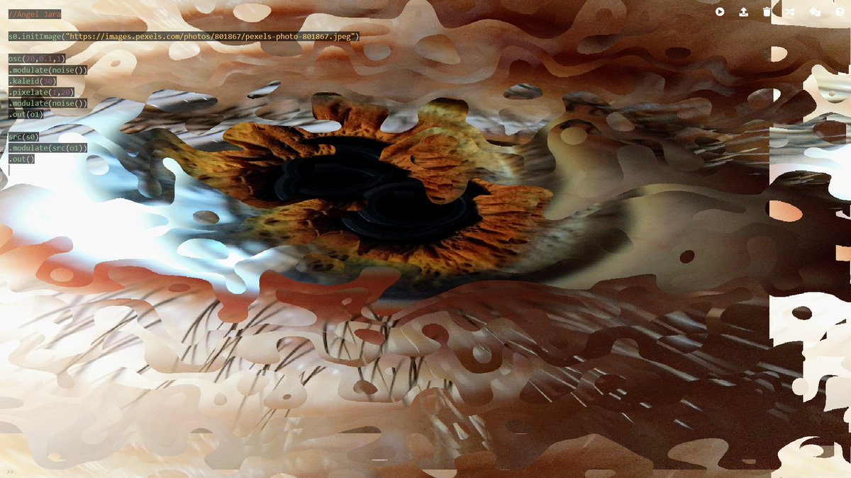 BruvePing's tweet photo. #hydra #creativecoding #digitalart  https://t.co/KYiIYRIPvJ
```
s0.initImage("https://t.co/3yArFdtjMa")

osc(20,0.1,1)
.modulate(noise())
.kaleid(30)
.pixelate(1,20)
.modulate(noise())
.out(o1)

src(s0)
.modulate(src(o1))
.out()
``` https://t.co/TzBj66fLsL