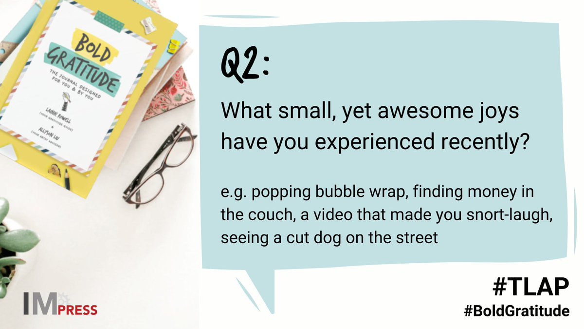 LainieRowell's tweet photo. Q2:
What small, yet awesome joys have you experienced recently?
e.g. popping bubble wrap, finding money in the couch, a video that made you snort-laugh, seeing a cut dog on the street
#TLAP #BoldGratitude
@TaraMartinEDU @burgessdave @dbc_inc
#EvolvingWithGratitude #LeadLAP https://t.co/Id90z3uzM8