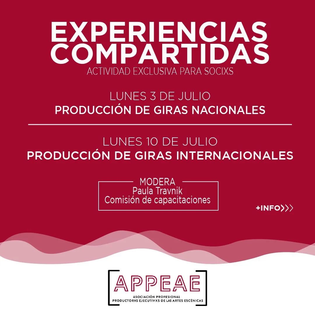 EXPERIENCIAS COMPARTIDAS 
Actividad exclusiva para socixs. 

▪️PRODUCCIÓN DE GIRAS NACIONALES
Lunes 3 de julio de 19 a 21.30 hs 

Participan: 

Ale García (CABA)

Mano Szereszevsky (CABA) <a href="/manomanosz/">Mano Szereszevsky</a> 

Tatiana D' Agate (Bariloche) <a href="/tatdagate/">Tatiana D'Agate</a>

Emanuel López (San Juan)
