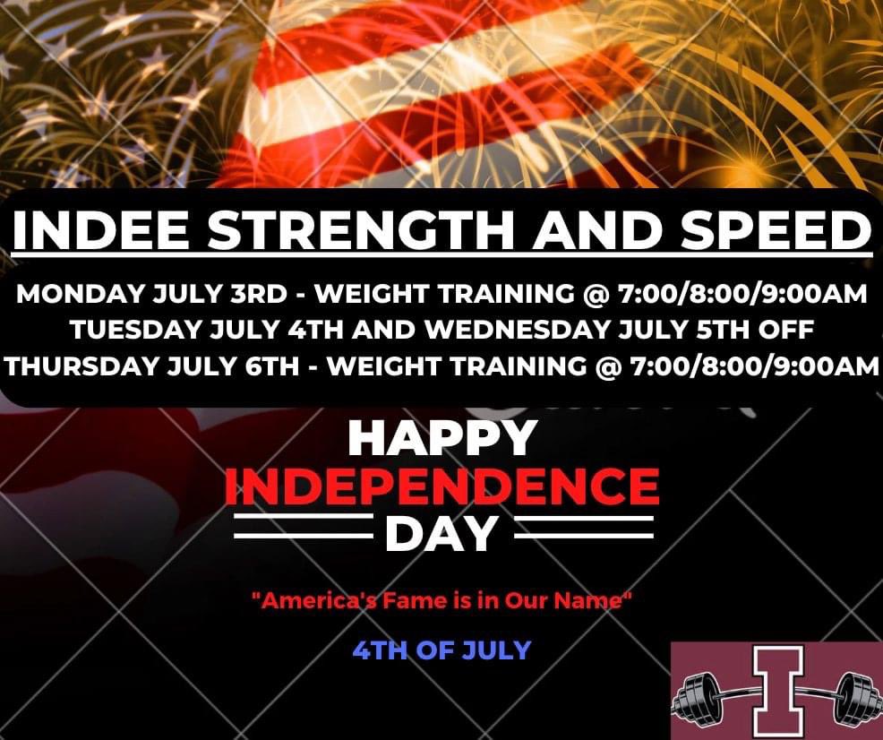 IndeeStrength's tweet photo. SCHEDULE REMINDER FOR THE WEEK:

🚨Tomorrow is a 4th of July Themed Workout🚨

Awards will be given The Most Patriotic/Hardest Working Rack. Rep your Red, White, and Blue tomorrow in the #IronParadise‼️🔴⚪️🔵

#ChangeYourBest https://t.co/d1CSLgrtyb