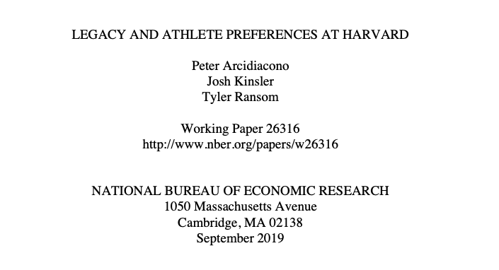 omni_american's tweet photo. With racial AA gone, AA for rich white kids also has to go:

"Removing legacy and athlete preferences results in shifts in admissions away from white applicants with each of the other groups increasing or staying the same. [Also,] fewer high-income applicants would be admitted." https://t.co/exK7tJDTxL
