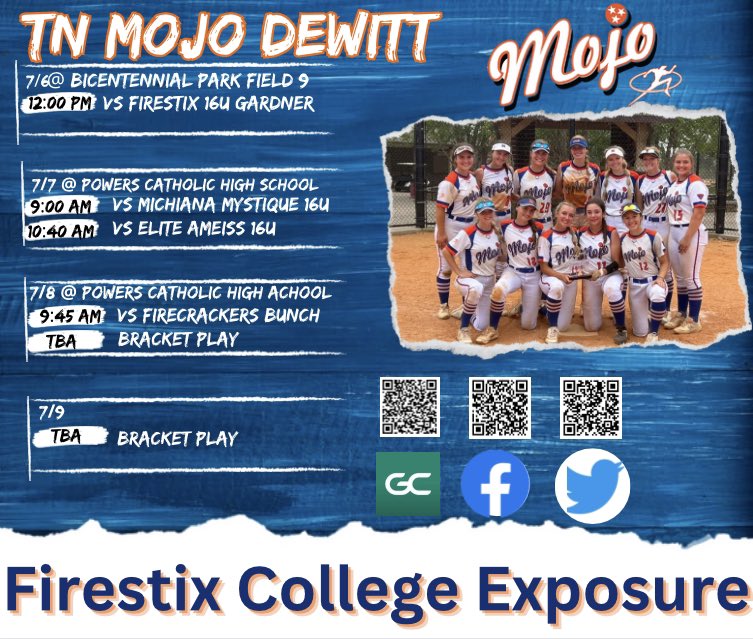 Mojo Dewitt has their only tournament in Michigan this week playing the Firestix College Exposure tournament. The ladies open up play Thursday July 6th at Bicentennial Park.
