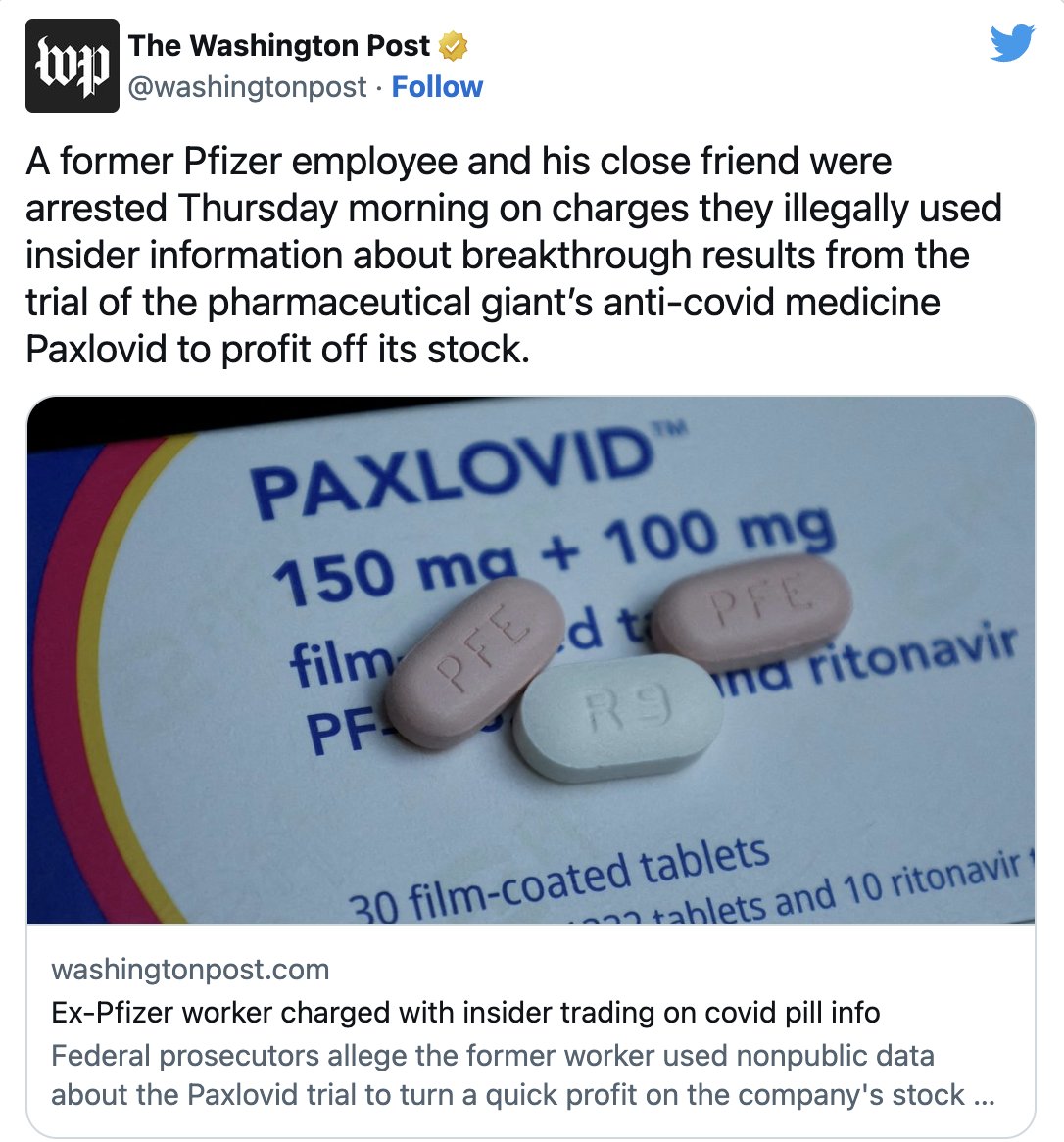 These people are sick.

An ex-Pfizer employee and his close friend were arrested Thursday afternoon for an insider trading scheme that could land the men in prison for decades.

Prosecutors allege Amit Dagar, 44, leaked inside information on the clinical trials of the Covid-19