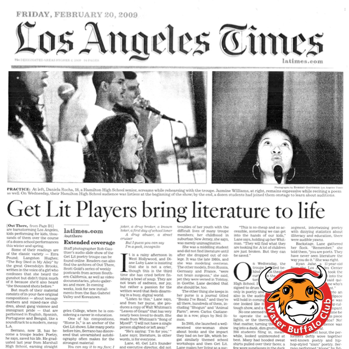 GetLitPoet's tweet image. Putting a spotlight on Get Lit&apos;s first-ever foundation donor: the Water Buffalo Club! 🦬

This article from 2009 shows Get Lit&apos;s first ever Blitz show, made possible by the Water Buffalo Club&apos;s equipment grant 🎤 ✨ 

#SpokenWordLA #LosAngelesPoetry #YouthVoices #ArtEducation