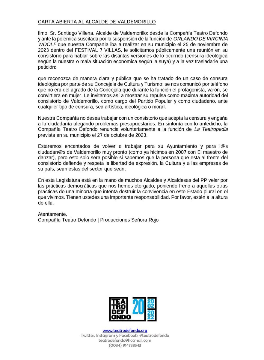 PabloHuetos's tweet photo. Carta abierta de @teatrodefondo al Alcalde de Valdemorillo tras la censura a #Orlando de #VirginiaWoolf

Muchas gracias a tod@s por las innumerables muestras de apoyo y por la difusión
#NoALaCensura https://t.co/cGbHfyWirI