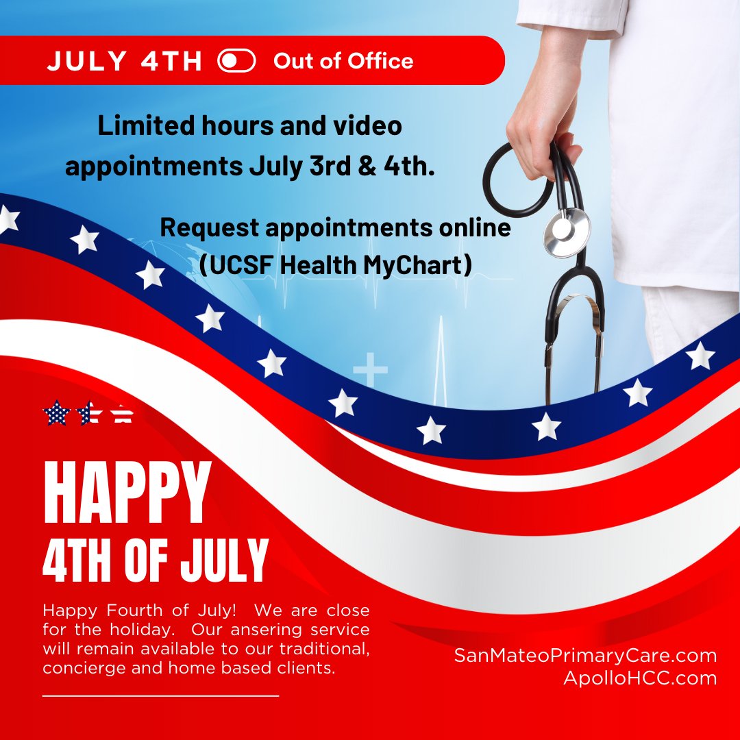 SanMateoPrimary's tweet photo. Limited hours and video appointments July 3rd &amp; 4th. Request appointments online (UCSF Health MyChart). Have a safe 4th of July!

#holdiay #primarycare #virtualcare #digitalhealth https://t.co/rMlj7BSeW5