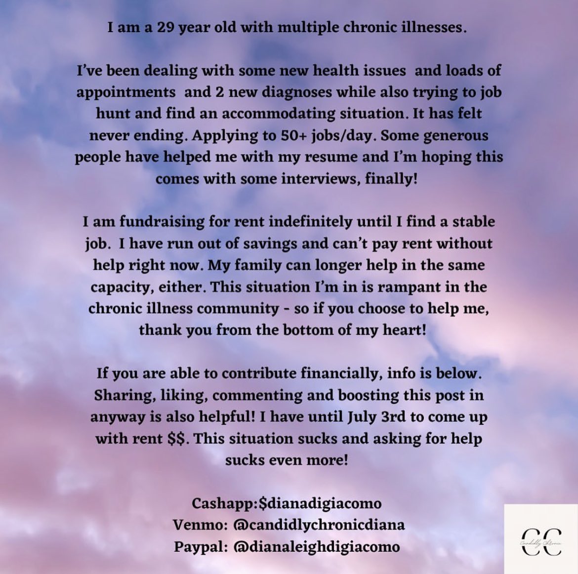 candidlychronic's tweet photo. If anyone can help financially or retweet, it would mean a lot. Rent is due tomorrow, July 3rd. I’m struggling, but hopefully not for much longer as I have a possible job and praying it doesn’t fall through! https://t.co/op0mKjnepX