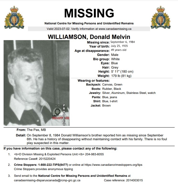 SomeoneSawSMTHG's tweet image. #Missing - Donald Melvin Williamson
Missing Since - September 6, 1984
Missing From - #ThePas, #Manitoba, #Canada
Case reference: 2014003015

#Unforgotten #ShareThisPost