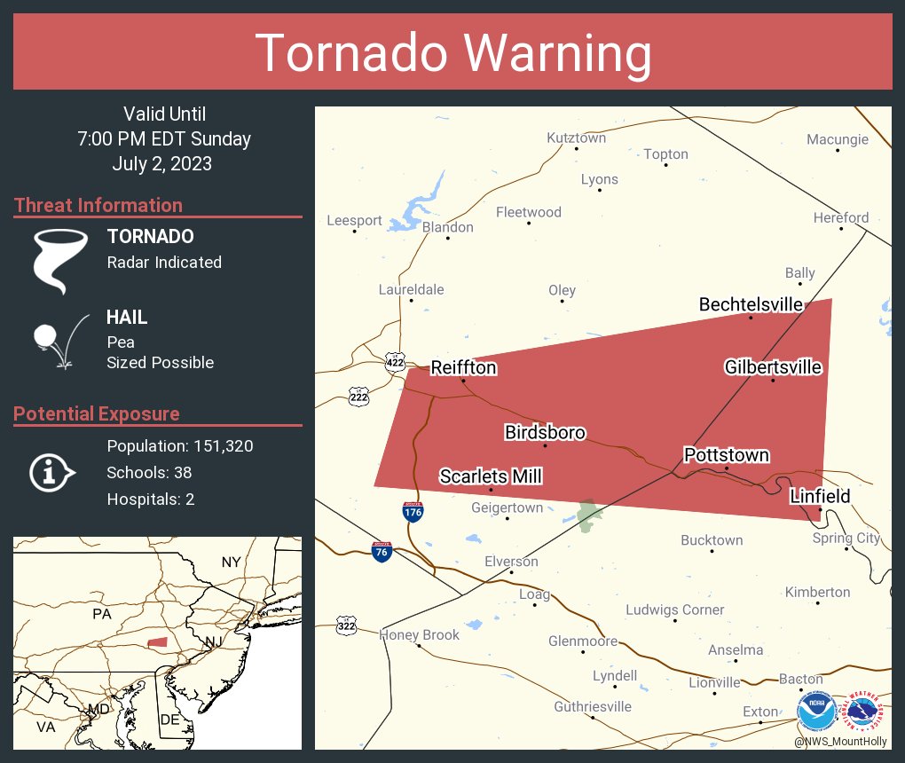 NWS_MountHolly's tweet photo. Tornado Warning including Pottstown PA, Birdsboro PA and Gilbertsville PA until 7:00 PM EDT https://t.co/i1i0faqWVv