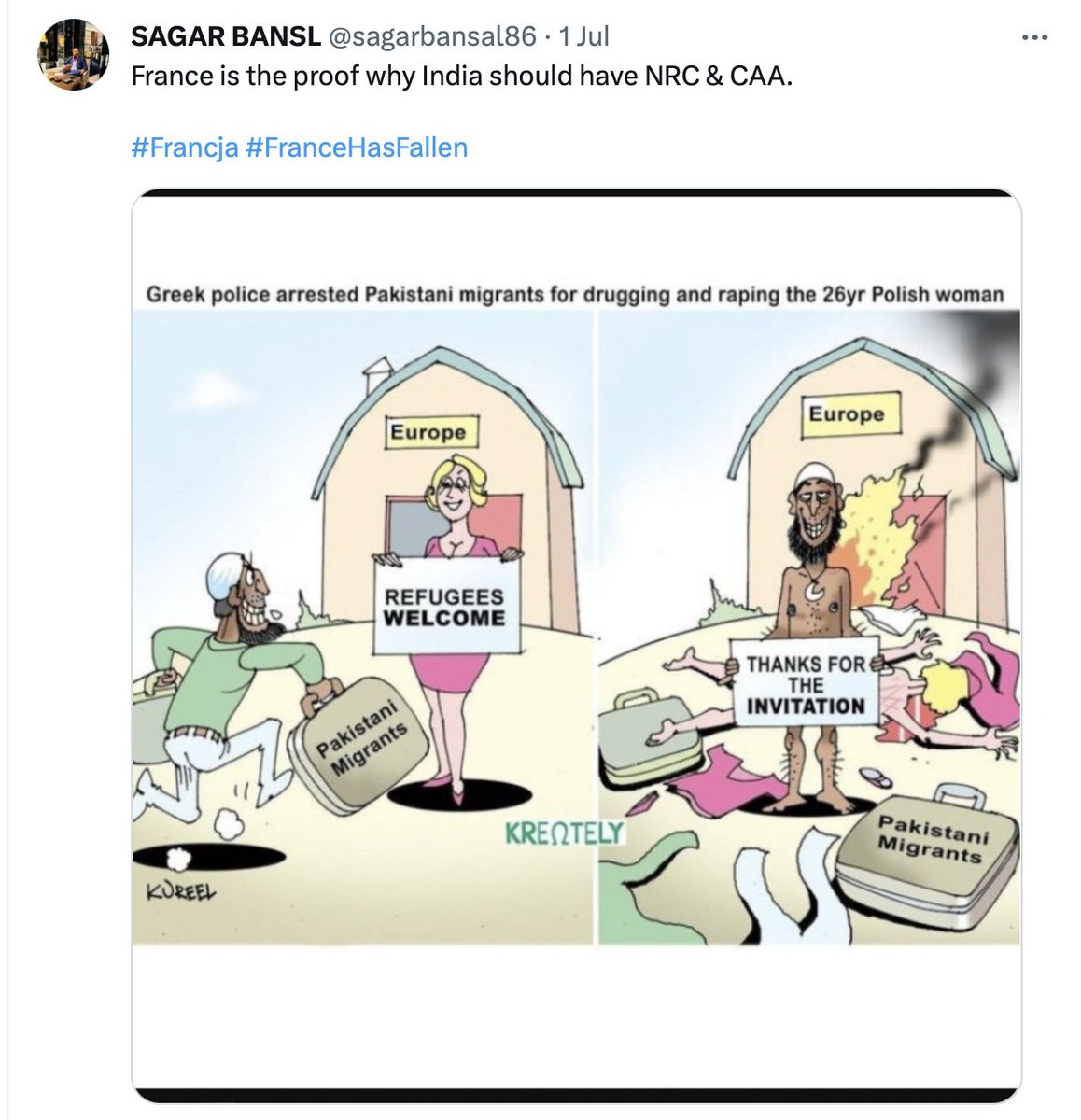 ScallywagRay's tweet image. Is according to the new #ToxicTwitter, this image of a migrant to Europe, raping a woman and setting fire to her house, is not harassing someone because of their race?

@TwitterSupport #TwitterHasFallen @elonmusk