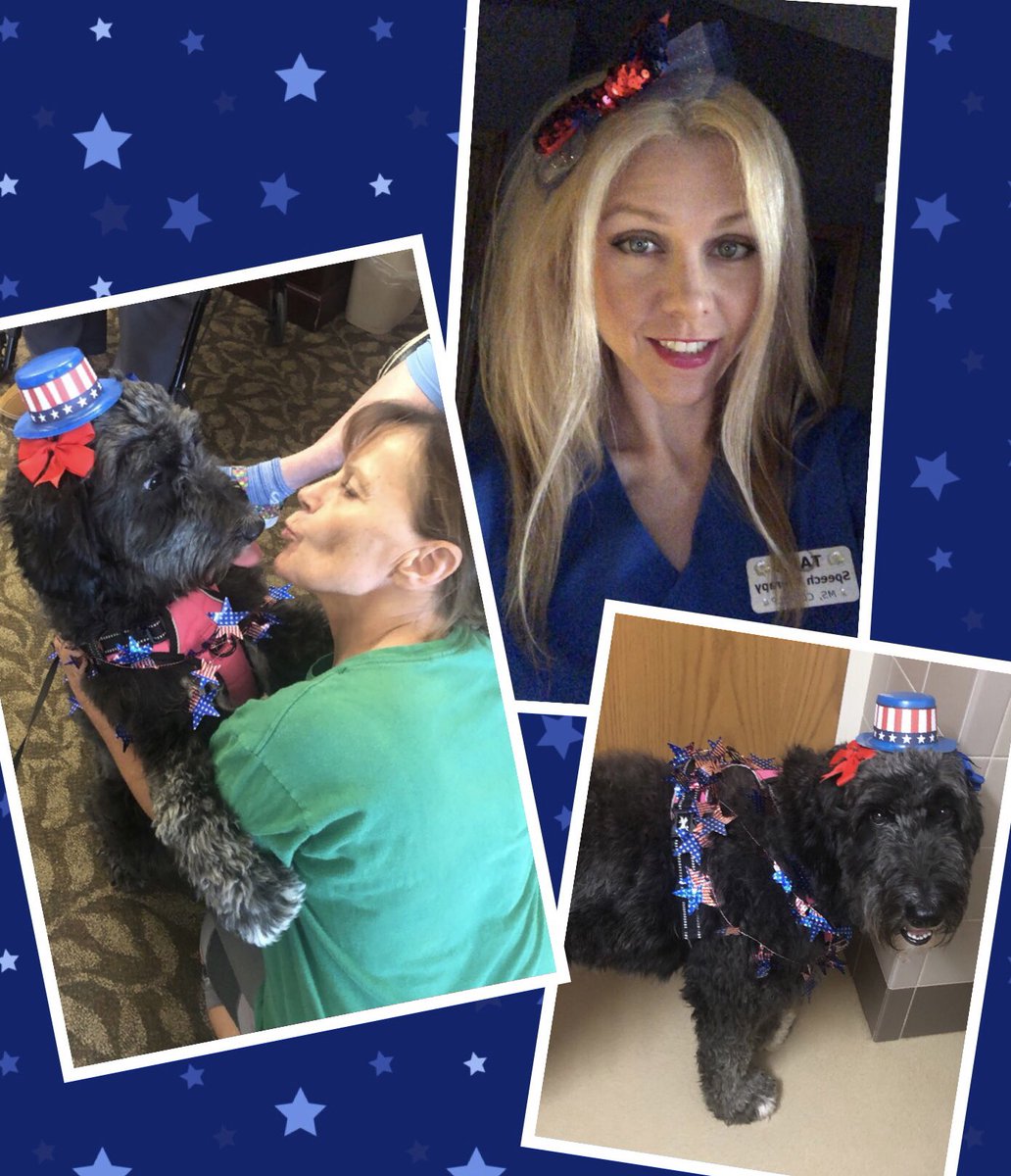 TaraWasinger's tweet photo. My speech therapy assistant and I had fun being festive this wknd!
โค๏ธ๐ค๐
#goldendoodletherapy #speechtherapist #sofestive #independenceday2023 #nofilter #skillednursingfacility https://t.co/Hurddf6ZTa