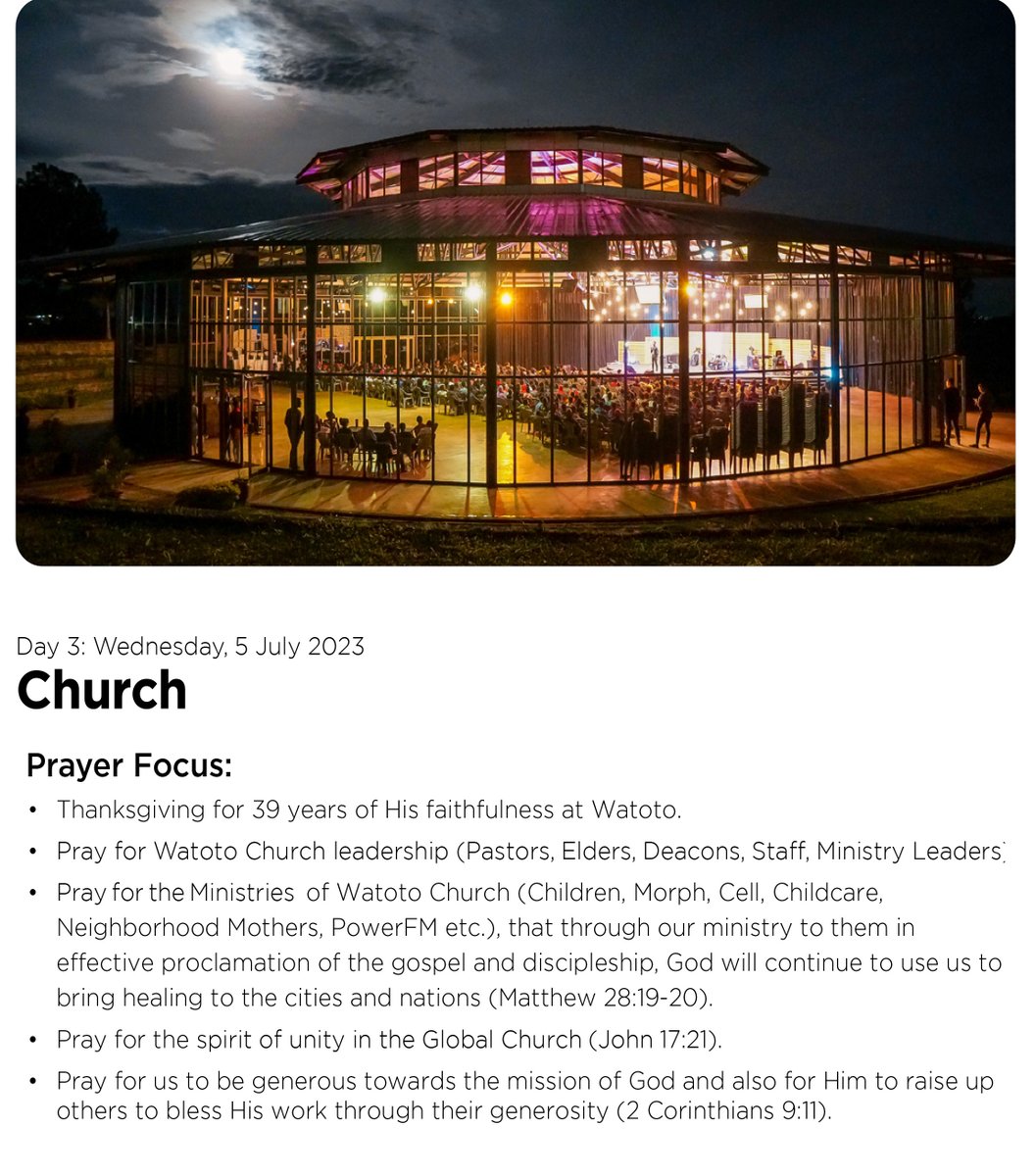 watotochurch's tweet photo. It’s Day 3 of the Week of Prayer &amp; Fasting and today, we are praying for the church: the leadership, Watoto ministries, unity and generosity. Remember, in-person corporate prayers are happening at all campuses and on @powerfmuganda.  #PioneerAgain #WatotoPrays https://t.co/oqcDiA8JxV