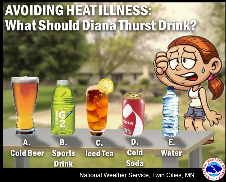 NWSTwinCities's tweet photo. Monday will be a hot one, and there's a lot going on outdoors. If you find yourself "Diana Thurst" tomorrow, do you know how to properly hydrate? Two of these choices are much better options than the others.
Hint: "BE smart" https://t.co/6ztxWqqn8x