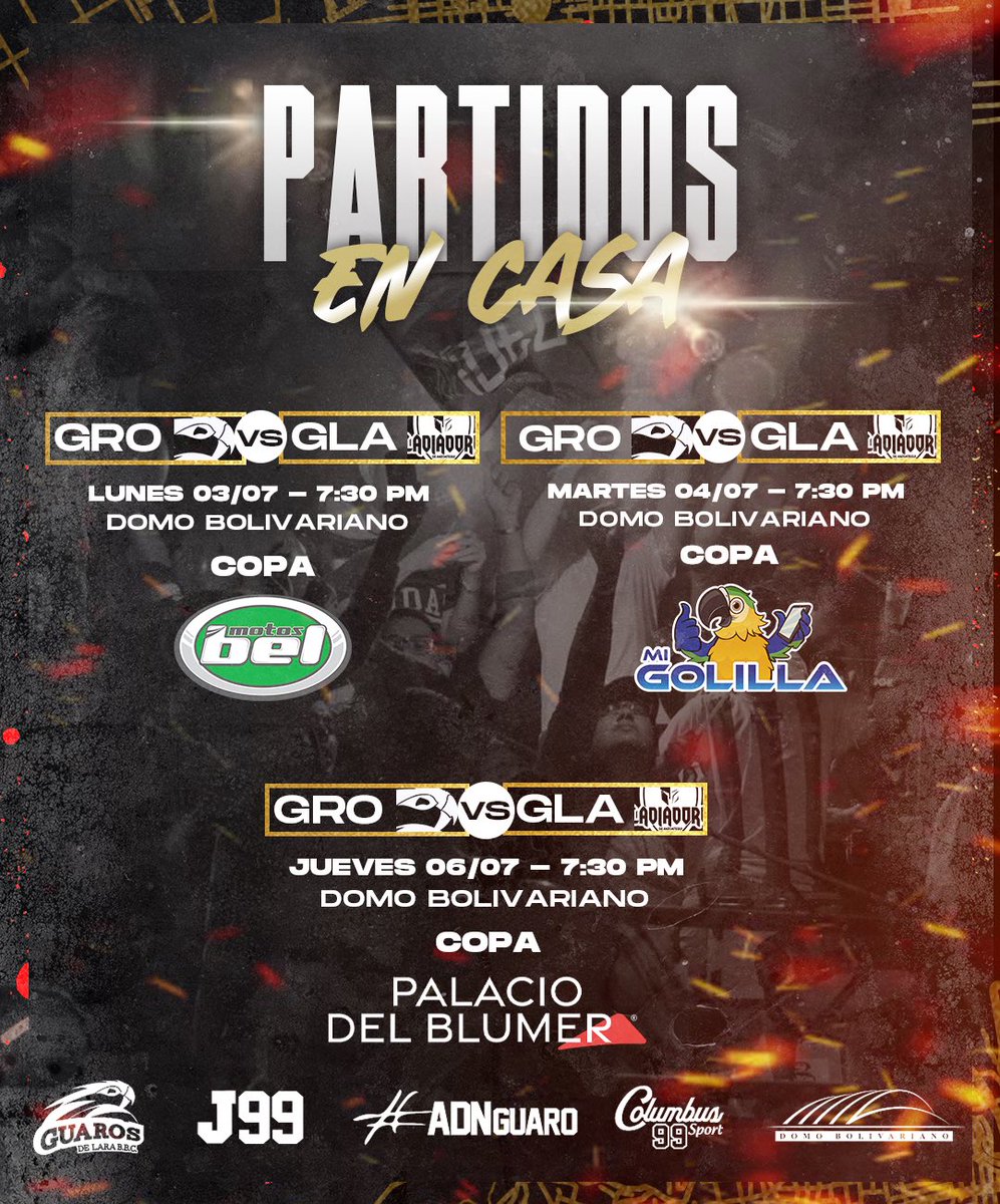 JUEGOS DE LA SEMANA ‼️

A partir de mañana la gran final se muda al Domo Bolivariano 🏀

Lunes: Copa @motosbelvzla 
7:30 PM

Martes: Copa <a href="/migolilla/">Mi Golilla Ccs</a> 
7:30 PM

Jueves: Copa @palaciodelblumer.ve 
7:30 PM

NOS VEMOS EN NUESTRA CASA 😤

#Guaros | #ADNGuaro | #GuarosDeLara