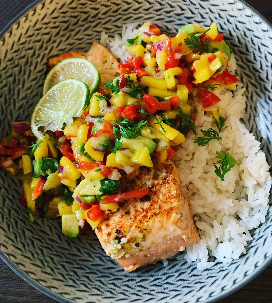 Pan-seared salmon with coconut rice topped with a mango-avocado-pepper salsa #foodie