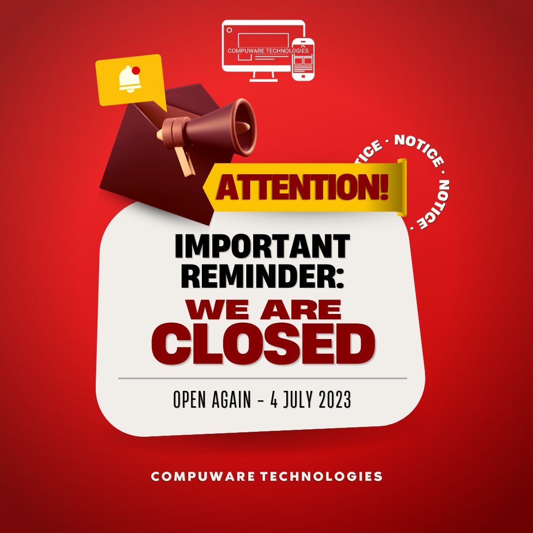 CompuwareIT's tweet image. Top of the morning notice
We are closed today and we will be in 4 July 2023.
#youritsolutions
#compuwaretechnologies
#advancingtechnologyinbotswana