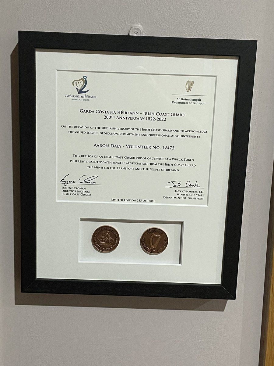 AaronDalyPhoto's tweet photo. Very proud to be a SAR volunteer with the @DLCoastGuard @IrishCoastGuard . 

last week we received a token of appreciation of framed wreck tokens which is very cool 👏🏼 🇮🇪 

@Dept_Transport https://t.co/SNgEHJVJ3D