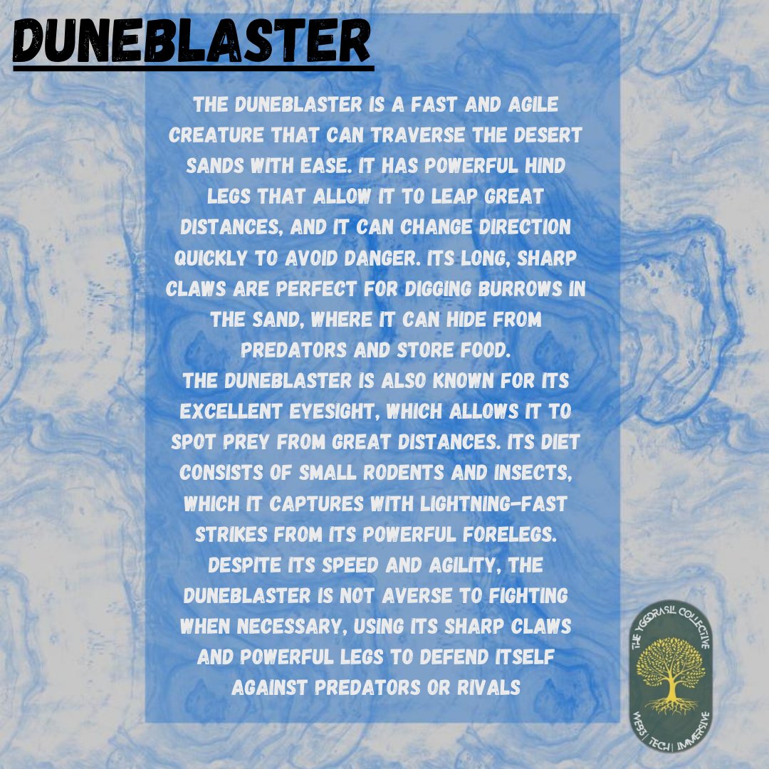 JungleTentacle's tweet photo. Introducing the Duneblaster - a fast and agile creature that can traverse desert sands with ease. With powerful hind legs and sharp claws, it's a skilled hunter and fierce defender. #Silcorcreature #DesertCreatures #NatureLovers #NFTCommunity #OCreation https://t.co/k4z5qyQjIc