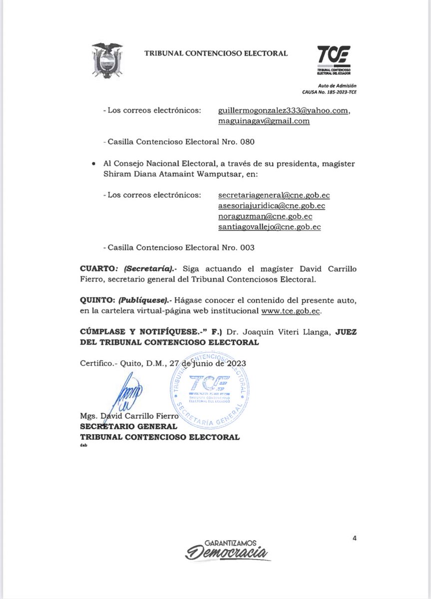 ecuainm_oficial's tweet photo. ‼️#URGENTE
Juez del @TCE_Ecuador, Joaquín Viteri, admitió a trámite el recurso subjetivo contencioso electoral, presentado por @marcelaguinaga, en contra de @xhervas. La sentencia se daría en los próximos días. https://t.co/qJeUzAjlwS