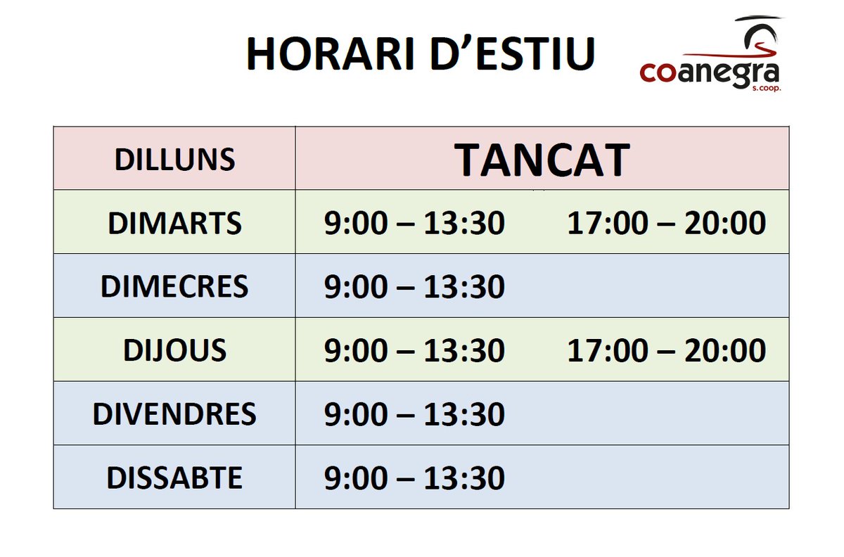 Nous horaris:
Dilluns TANCAT
Dimarts a Dissabte 9:00 a 13:30
Dimarts i Dijous 17:00 a 20:00
Pregam màxima difusió, vos esperam!