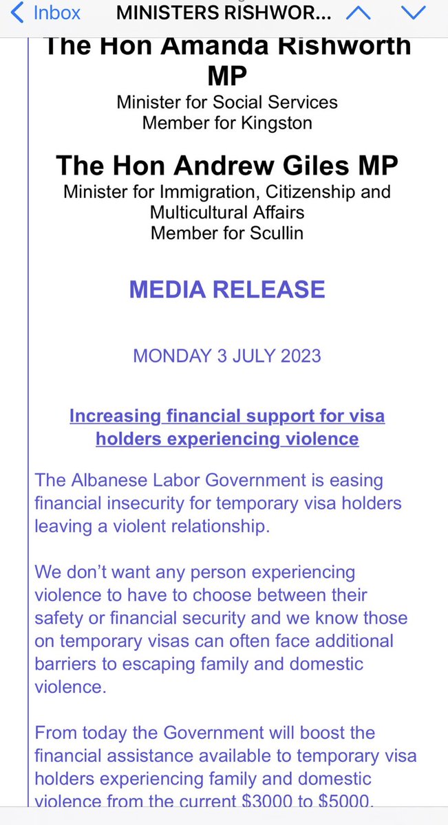 Thanku @andrewjgiles @AmandaRishworth @SenKatyG for listening to our advocacy and increasing financial support for temp visa holders DV survivors.