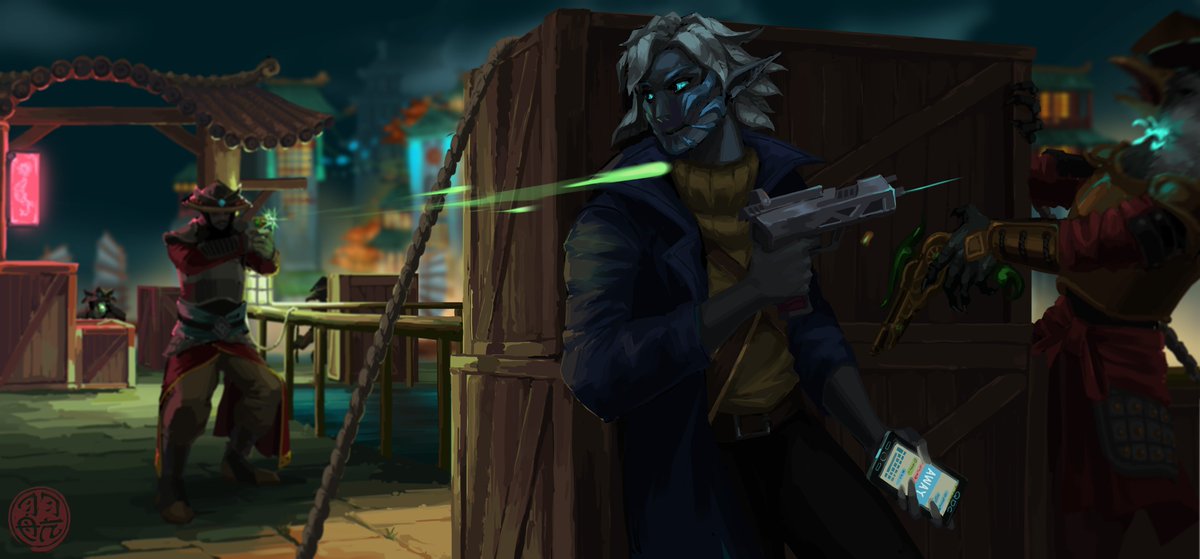 A commission from <a href="/Xydraus/">Xydraus</a>
This scene is a nighttime gunfight in the New Kaineng docks

#GuildWars2 #sylvari #Commission #ArtistOnTwitter