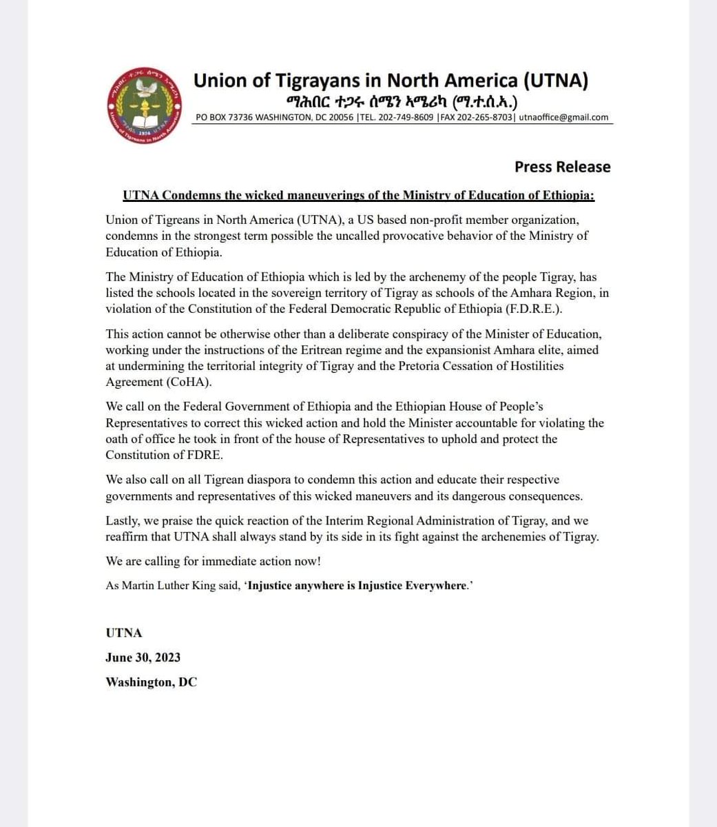 Senayt05's tweet photo. @Press Release

#UTNA Condemns the wicked maneuverings of the @fdremoe
Union of Tigrayns in North America UTNA a US based non-profit member organization condemns in the strongest term possible the uncalled provocative behavior of the @fdremoe
#ReturnDisplacedTigrayansToTheirHome https://t.co/74qsJtAFim