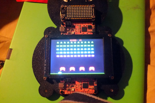 #badgelife Here's the Angry Cat badge and the Space Invaders demo and running Zork under CP/M. There are only 2 1/2 of these working in the known universe. This was a for-fun-only group project when a few of us got disappointed that the Hackerbox CP/M badge was not available.