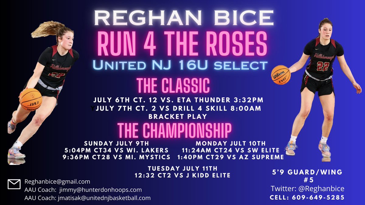 Reghan Bice (@reghanbice) on Twitter photo Excited to be able to play this week at the <a href="/TFNsRun4Roses/">TFN's Run 4 Roses</a> tournament with my United 16U Select teammates!! Here is my schedule: <a href="/unitedNJaau/">United NJ AAU</a> <a href="/NickMontajes/">nick_montajes</a> <a href="/CoachJimmy_O/">Jimmy Ostaszewski</a> <a href="/CoachMatisak/">Coach Justin Matisak</a> <a href="/gritbasketball1/">GRIT Basketball</a> Excited to be able to play this week at the <a href="/TFNsRun4Roses/">TFN's Run 4 Roses</a> tournament with my United 16U Select teammates!! Here is my schedule: <a href="/unitedNJaau/">United NJ AAU</a> <a href="/NickMontajes/">nick_montajes</a> <a href="/CoachJimmy_O/">Jimmy Ostaszewski</a> <a href="/CoachMatisak/">Coach Justin Matisak</a> <a href="/gritbasketball1/">GRIT Basketball</a>