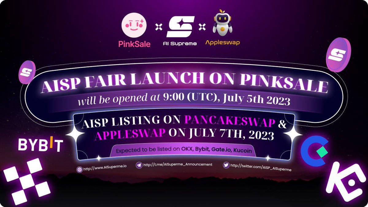 AISP_AISupreme's tweet photo. 🎉Upcoming AISP Token Fair Launch on PinkSale - July 5th, 2023! 🎉

🔥 Are you prepared to join the excitement?   
🌱 Opening time: 9:00 UTC on July 5th, 2023. 
🌱 Closing time: 17:30 UTC on July 6th, 2023 
🌱 Link to join: https://t.co/AJ24XpEN12
#AISP #AIToken https://t.co/DyfsLxa6ss