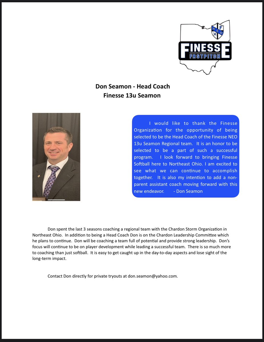 Finesse NEO is proud to announce the addition of Don Seamon to the NEO coaching staff!

Coach Don will be the head coach for Finesse 13u Seamon for the 2023-2024 season.

Welcome Coach Don!!