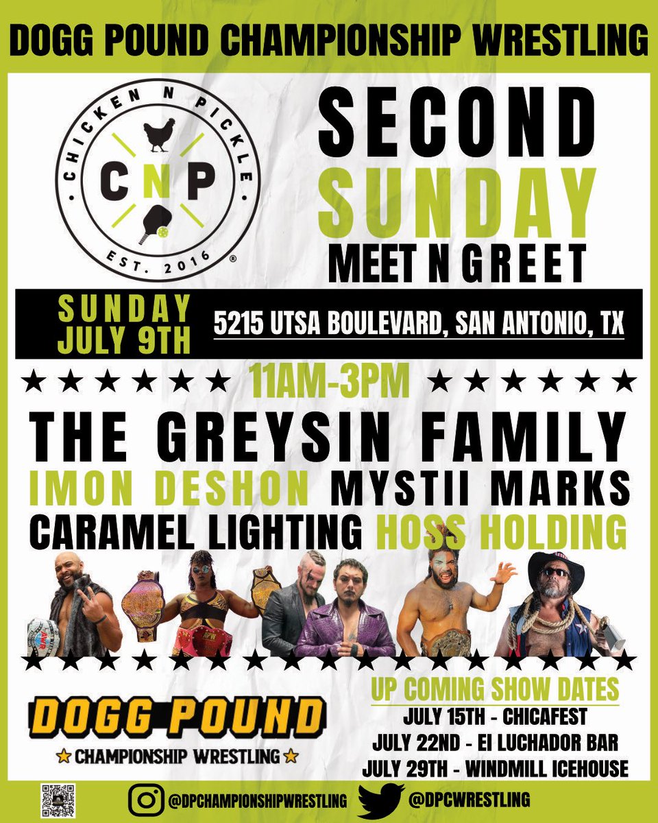 Next Sunday July 9th Come see your favorite DPCW ⭐️ at Second Sunday Meet N Greet at @ChickenNPickle in San Antonio! Meet: DPCW Women’s Champion @MystiiMarks DPCW Around The Clock Champion @Imon_DeShon @HoldingHoss And more! 📍 5215 UTSA Boulevard San Antonio TX ⏰ 11am to 3pm