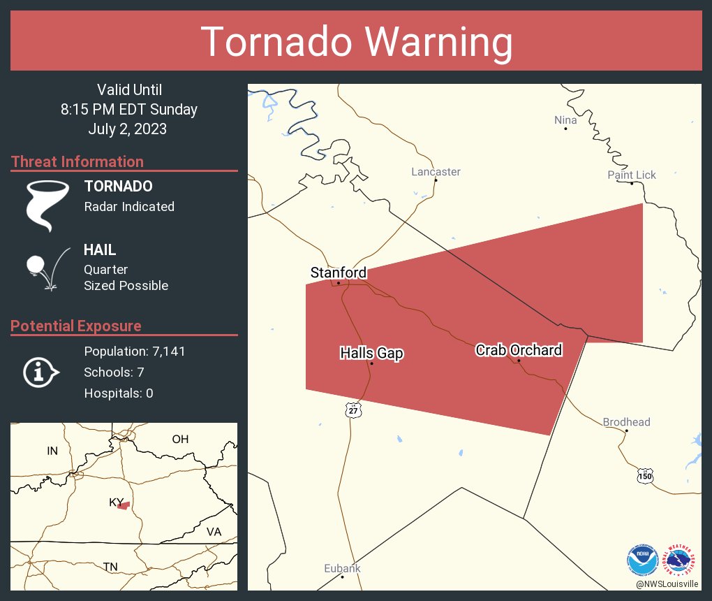 NWS Tornado on Twitter "Tornado Warning including Stanford KY, Crab