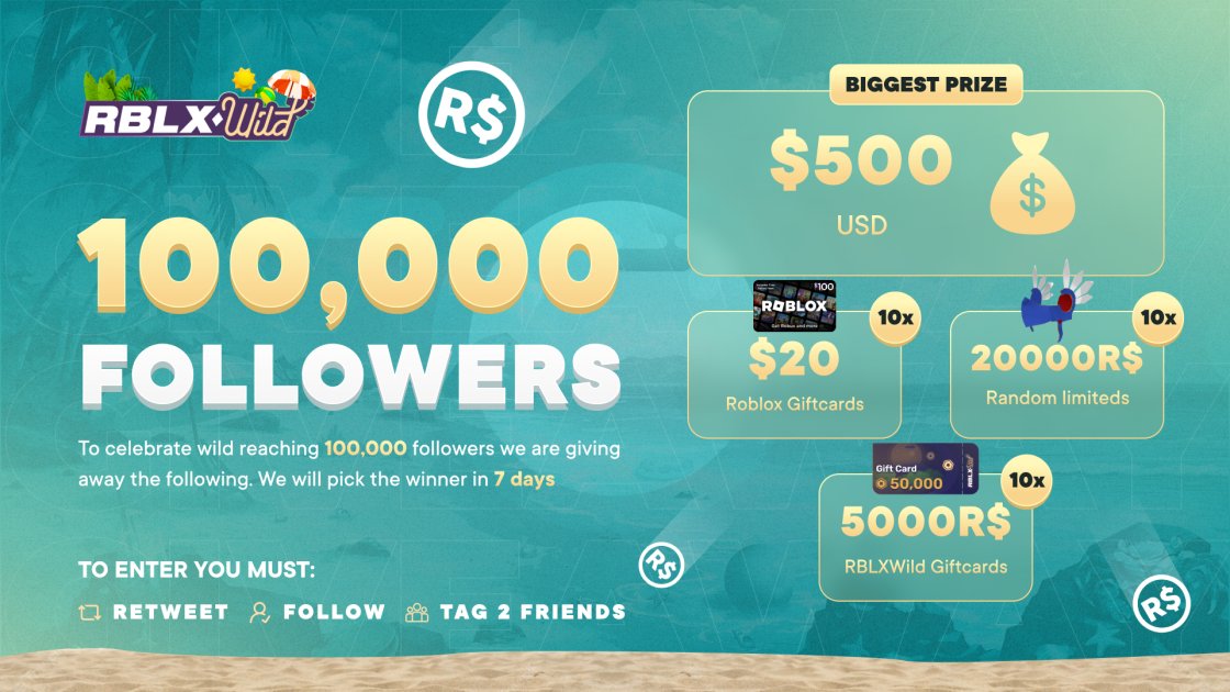 MASSIVE 100,000 Followers giveaway 🥳 To enter Retweet & Follow Win the following prizes 1 - 500$ USD Crypto 💸 2 - 20$ x10 Roblox Giftcards 🔵 3 - 20000R$ In limiteds. 💥 4 - 10x 5000R$ RBLXWild giftcards 🪙 There will be 15 winners Winners will be found in 7 days #roblox