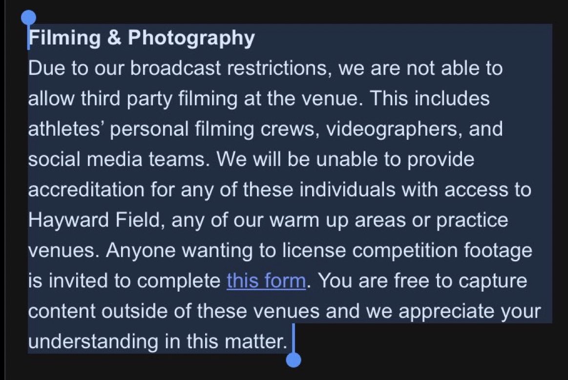This is absolutely horrible decision. Limiting some of the finest and most innovative young minds is ridiculous.
Although I am anxious to see how these brilliant minds pivot and continue to create content because these old USATF curmudgeons have no idea what they are up against.