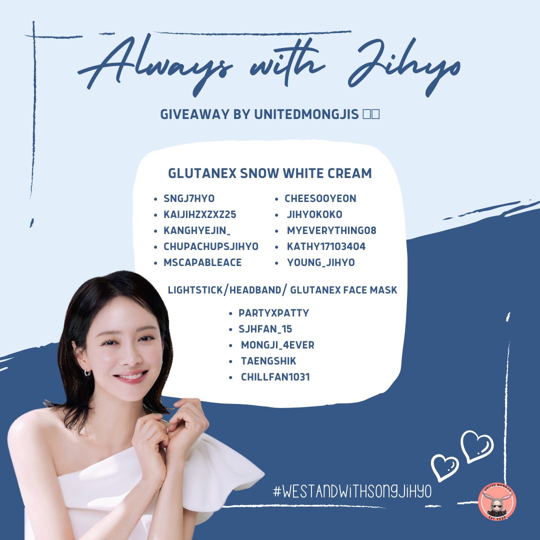 Winners for Snow White Cream, congratulations and thanks for joining the GA. Open your DMs to claim your prizes! 

#SongJiHyo #송지효 #JihyoXGlutanex